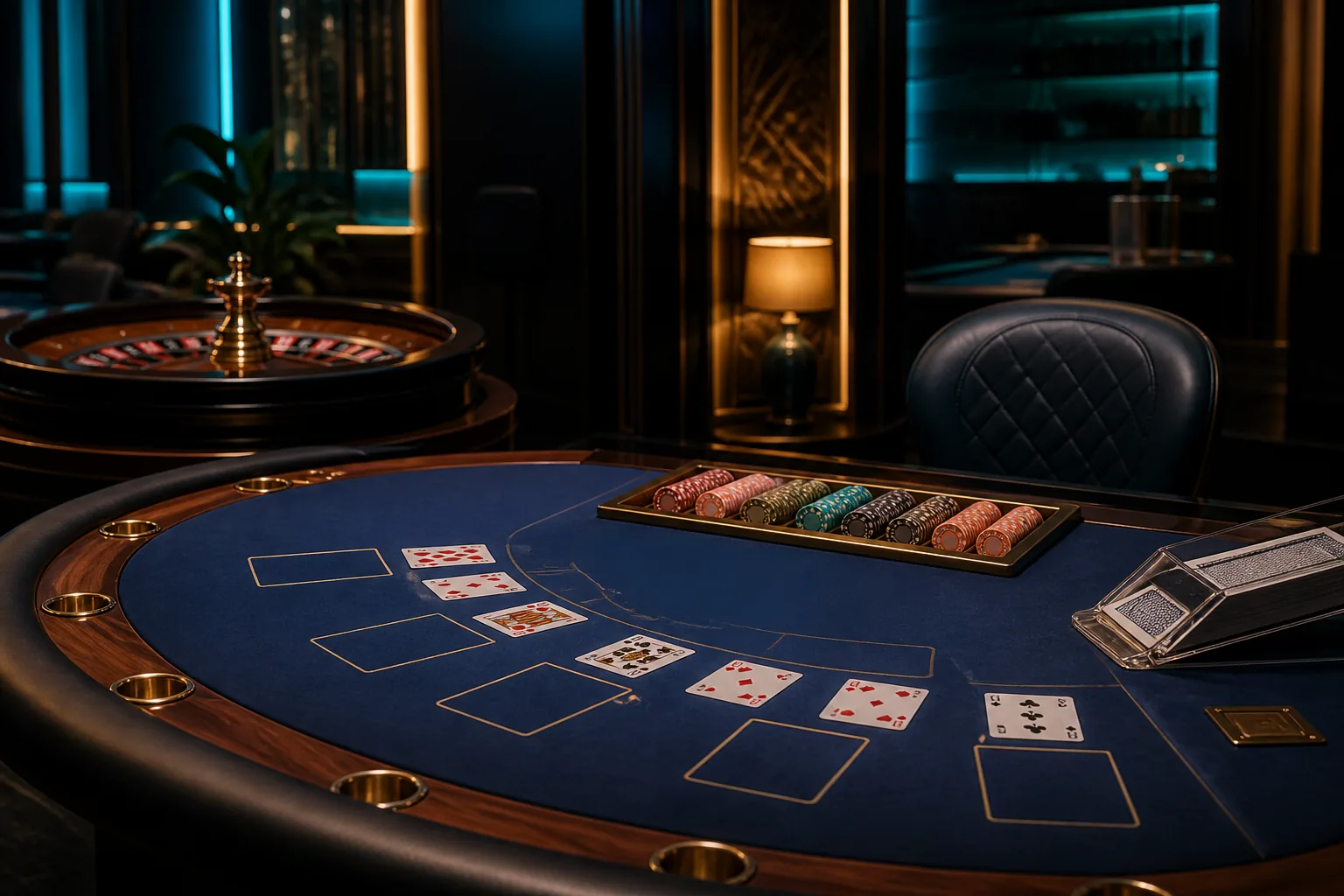 Mesa de roleta e cartas em estúdio genérico de cassino ao vivo