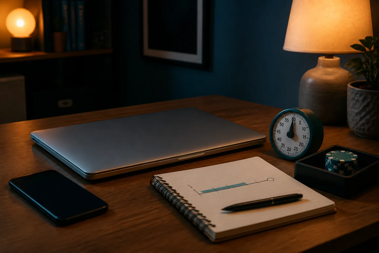 Laptop fechado e temporizador representam uma pausa no entretenimento